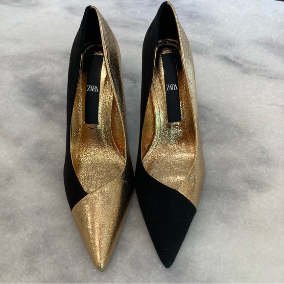 Zara Shoes - ZARA Black Suede Gold Metallic Foil Heels